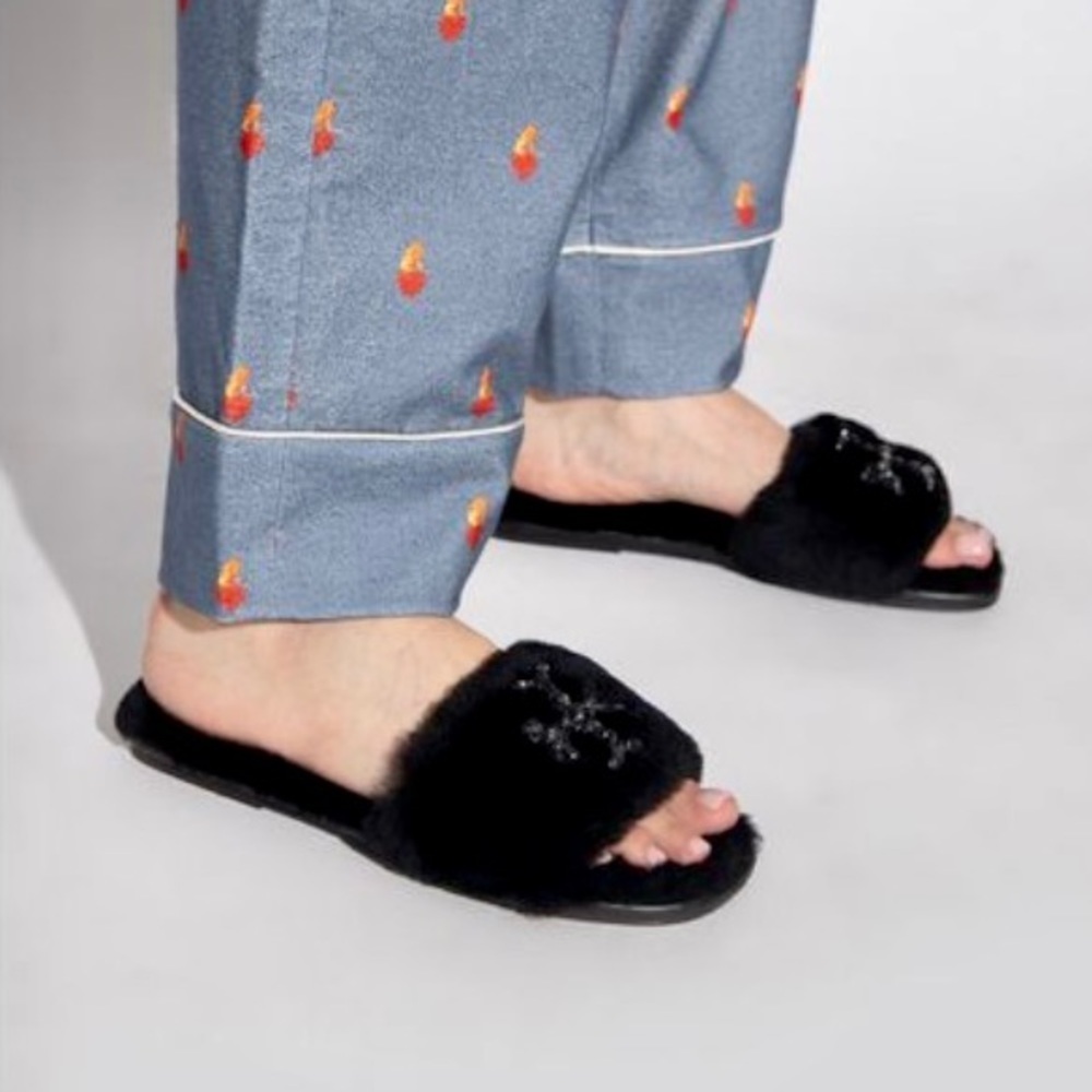 Tory Burch NWT Double T black shearling jeweled slides SZ 6.5M - Picture 3 of 10